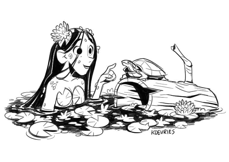 lunch drawing a swamp girl artistsoninstagram art instaart digitalart sketchbookpro blackandwhite warmup illustration girl swamp mermaid turtle