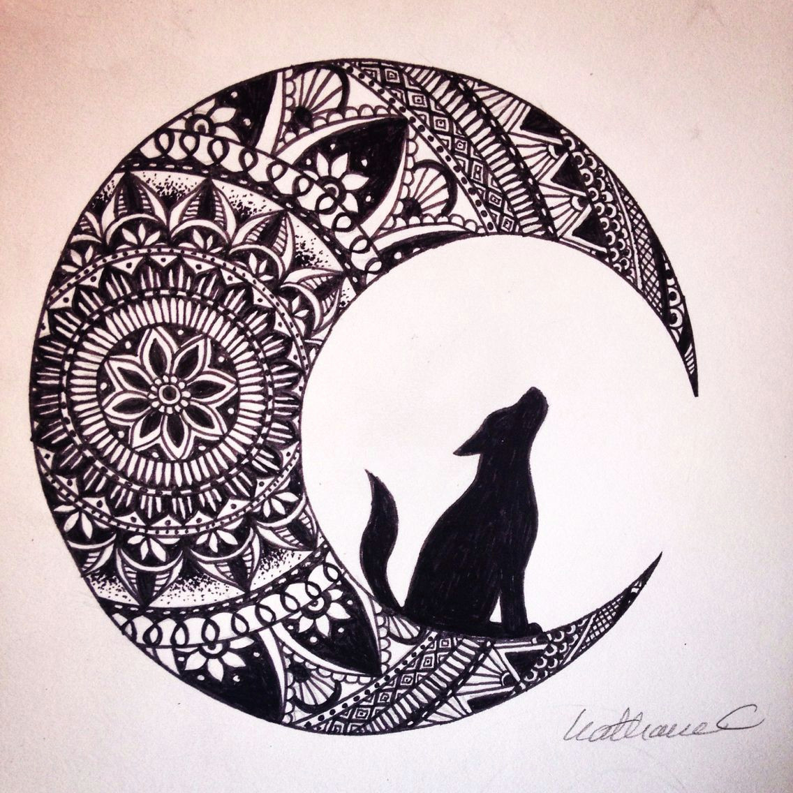 wolf in the moon black ink mandala drawing brusho