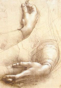 leonardo da vinci hands silverpoint drawing with white chalk accents
