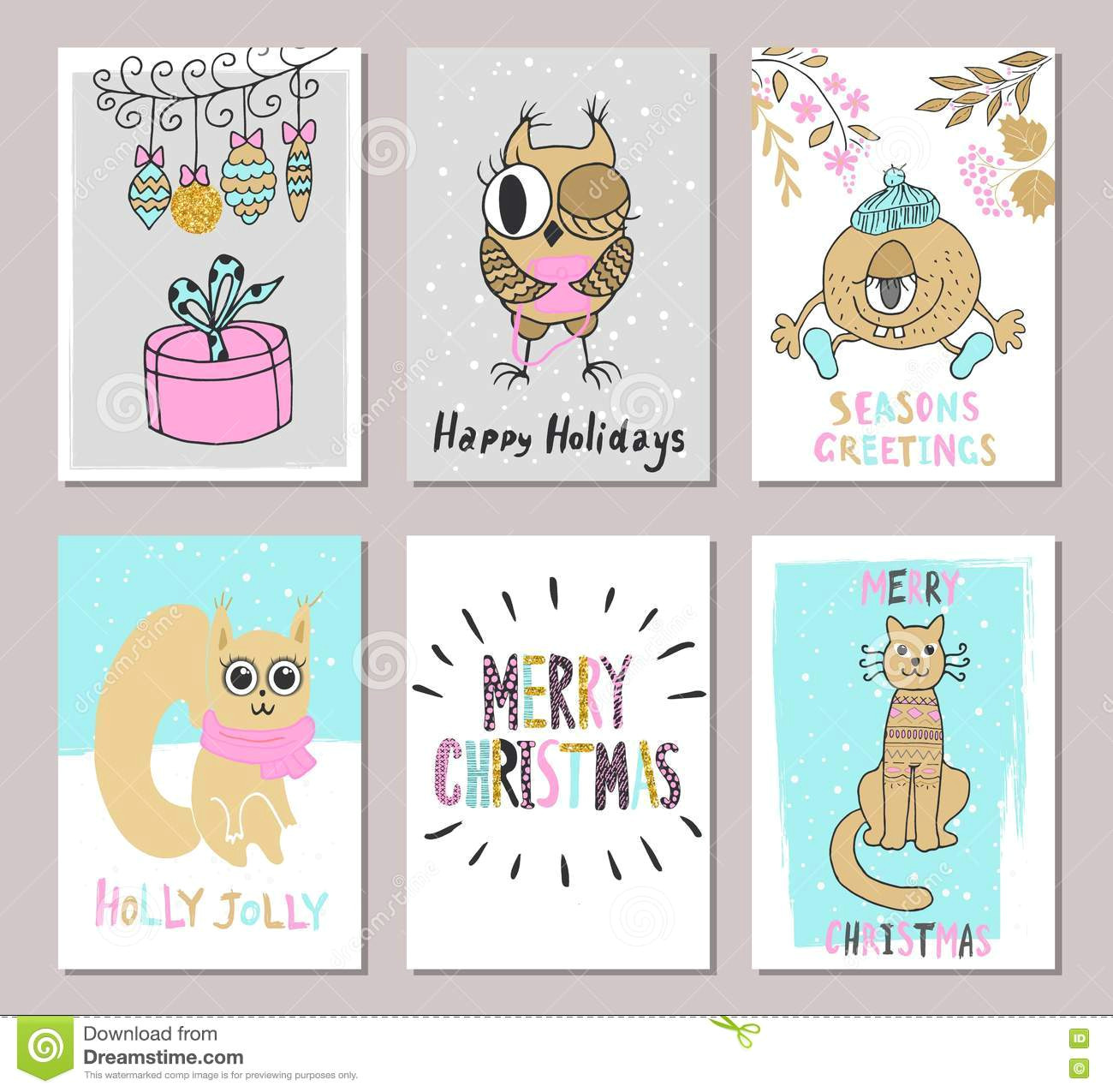 merry christmas greeting card set with cute cat squirrel owl gift and other elements cute hand drawn holiday cards and invitations