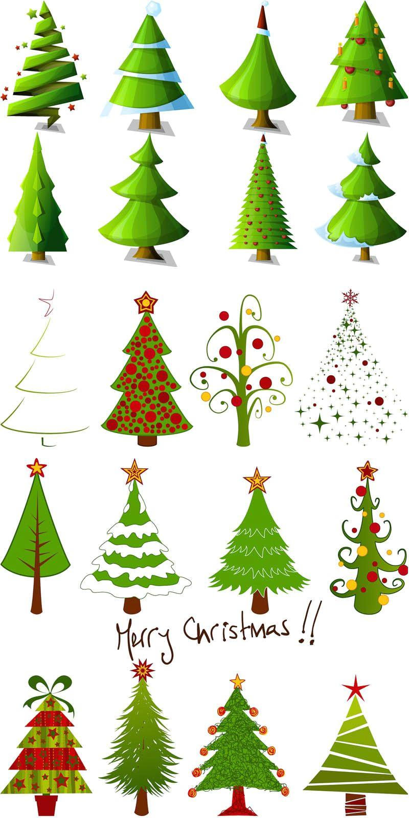 2 sets of 20 vector cartoon christmas tree designs in different styles for your xmas logo templates decorations cards invitations banners and other