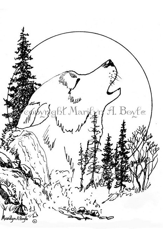 pen and ink print wolf howling moon wildlife by originalsandmore wolf howling ink pen drawings