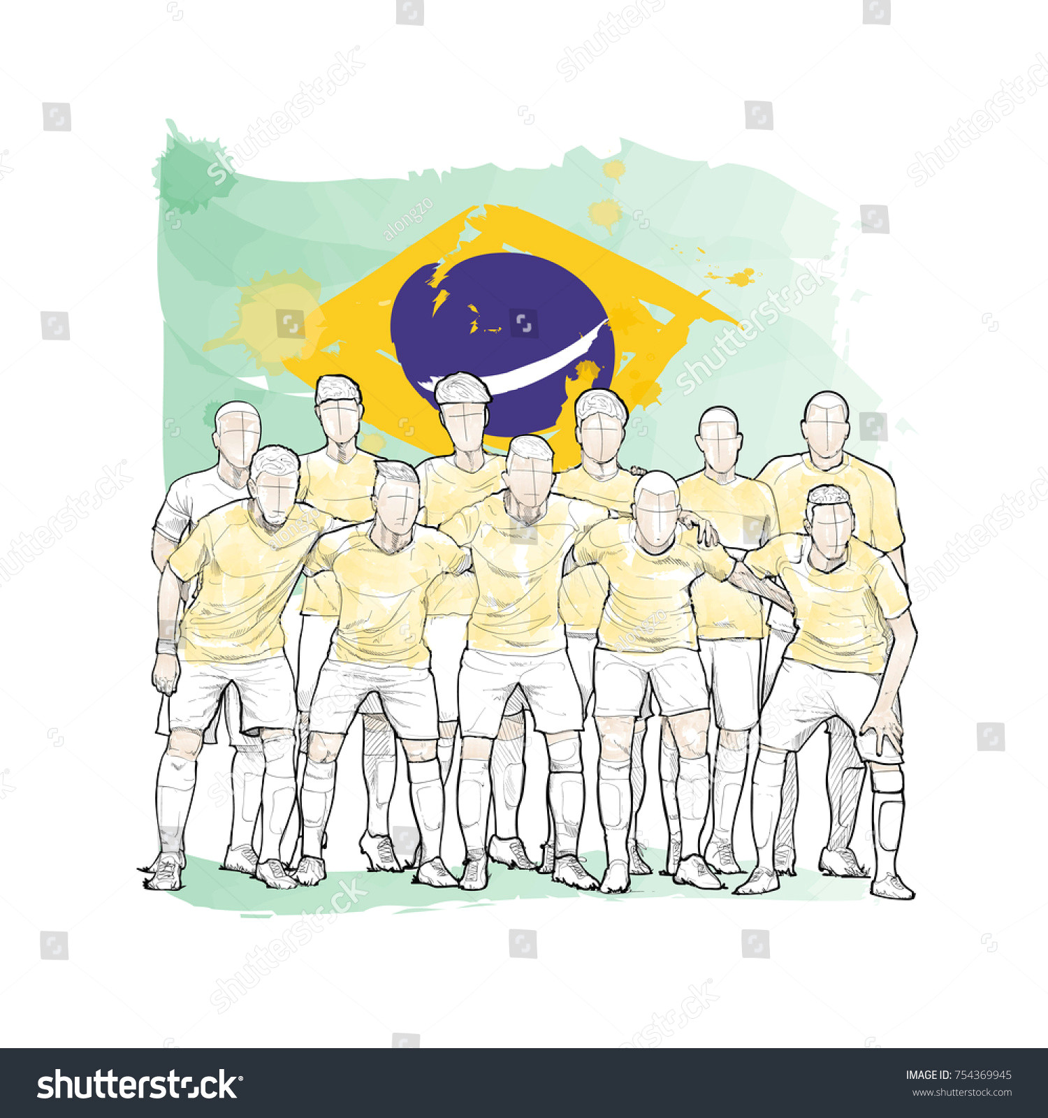 soccer team pose for a photo before the soccer match with brazil flag watercolour style
