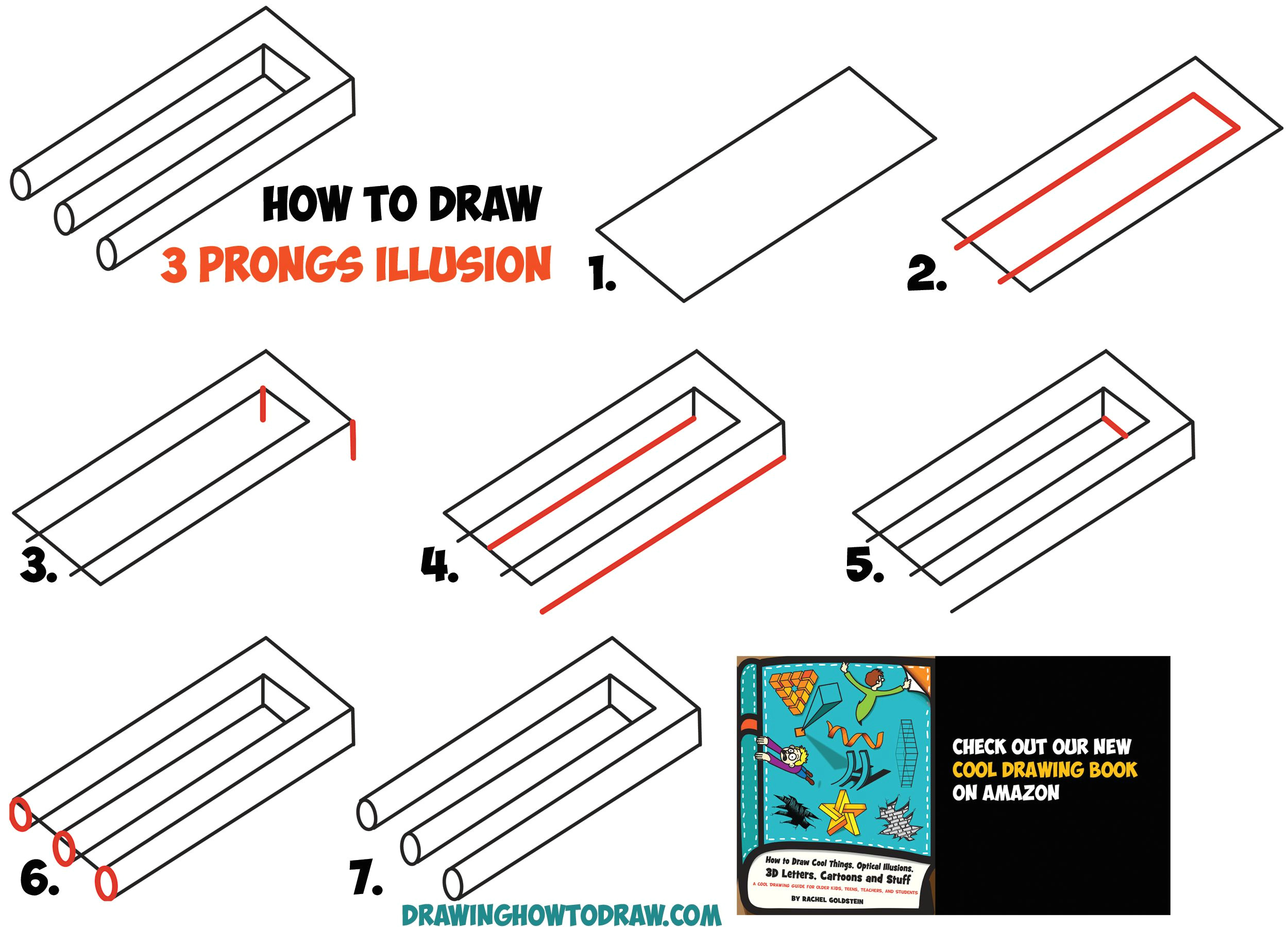how to draw 3 prongs optical illusion easy step by step drawing tutorial trick for kids