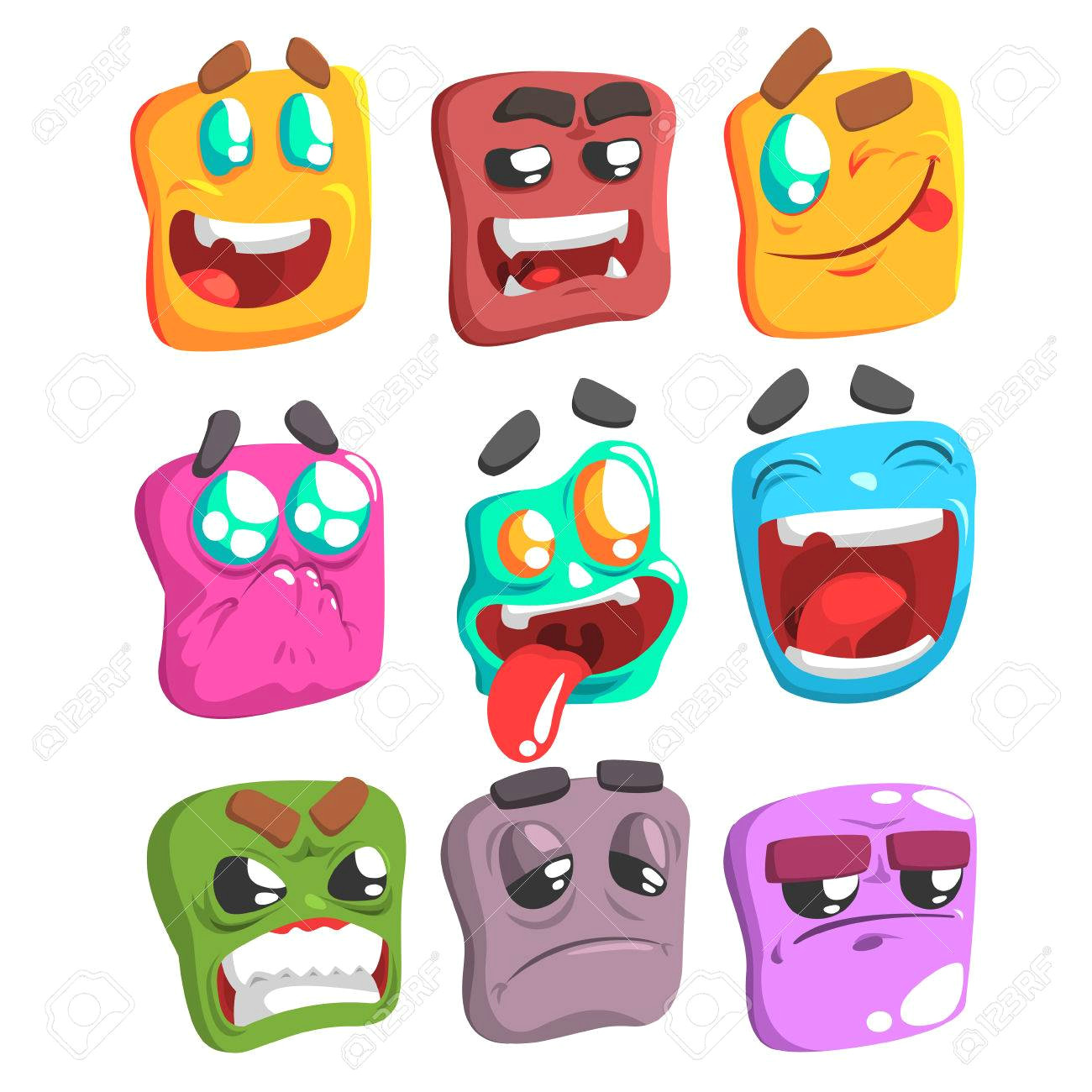 square face colorful emoji set od isolated icons on white background cartoon simple style vector