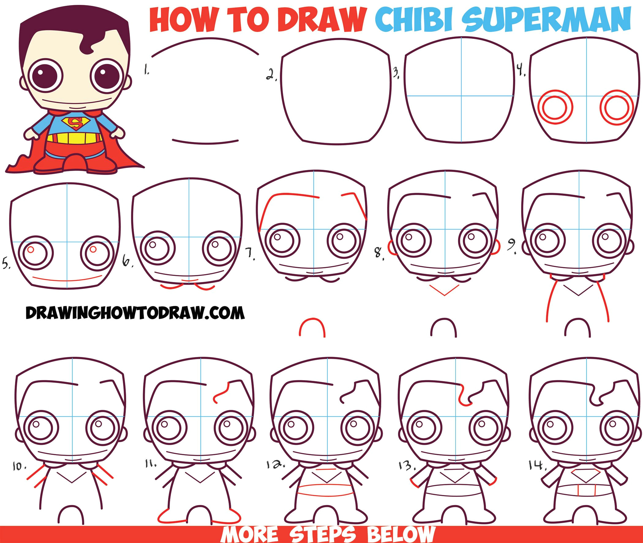 how to draw cute chibi superman from dc comics in easy step by step drawing tutorial for kids