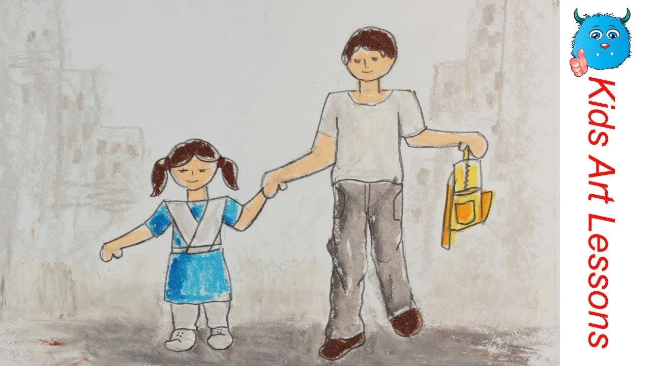 how to draw a scenery of father taking daughter to school easily step by step in oil pastel