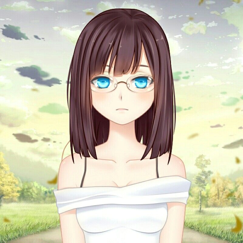 anime girl with short brown hair and blue eyes and glasses