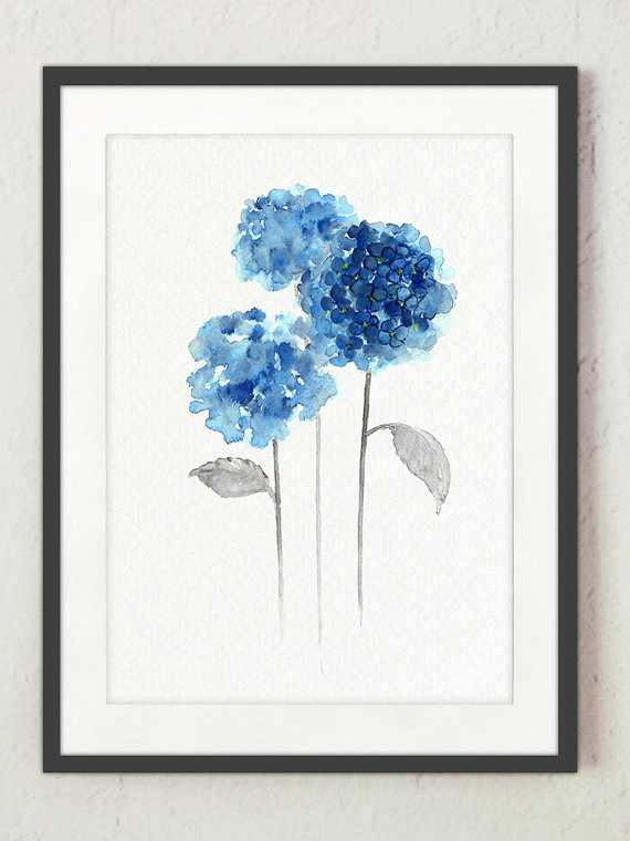 hydrangea giclee fine art print watercolor flower painting blue hydrangeas bouquet rustic home de