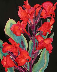 red canna lilies on black watercolor painting beautiful dramatic floral fine art giclee print