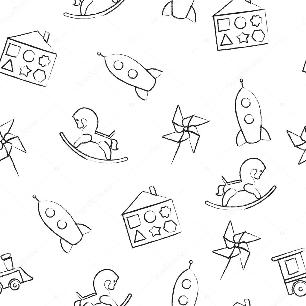 seamless pattern black crayon childrens drawings on white background hand drawn style seamless vector wallpaper with the image of rocking horse rocket