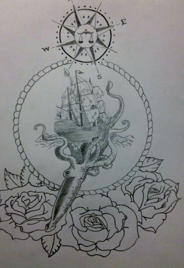 kraken compass boat ocean ship sea octopus squid roses frame drawing pencil tattoo illustration
