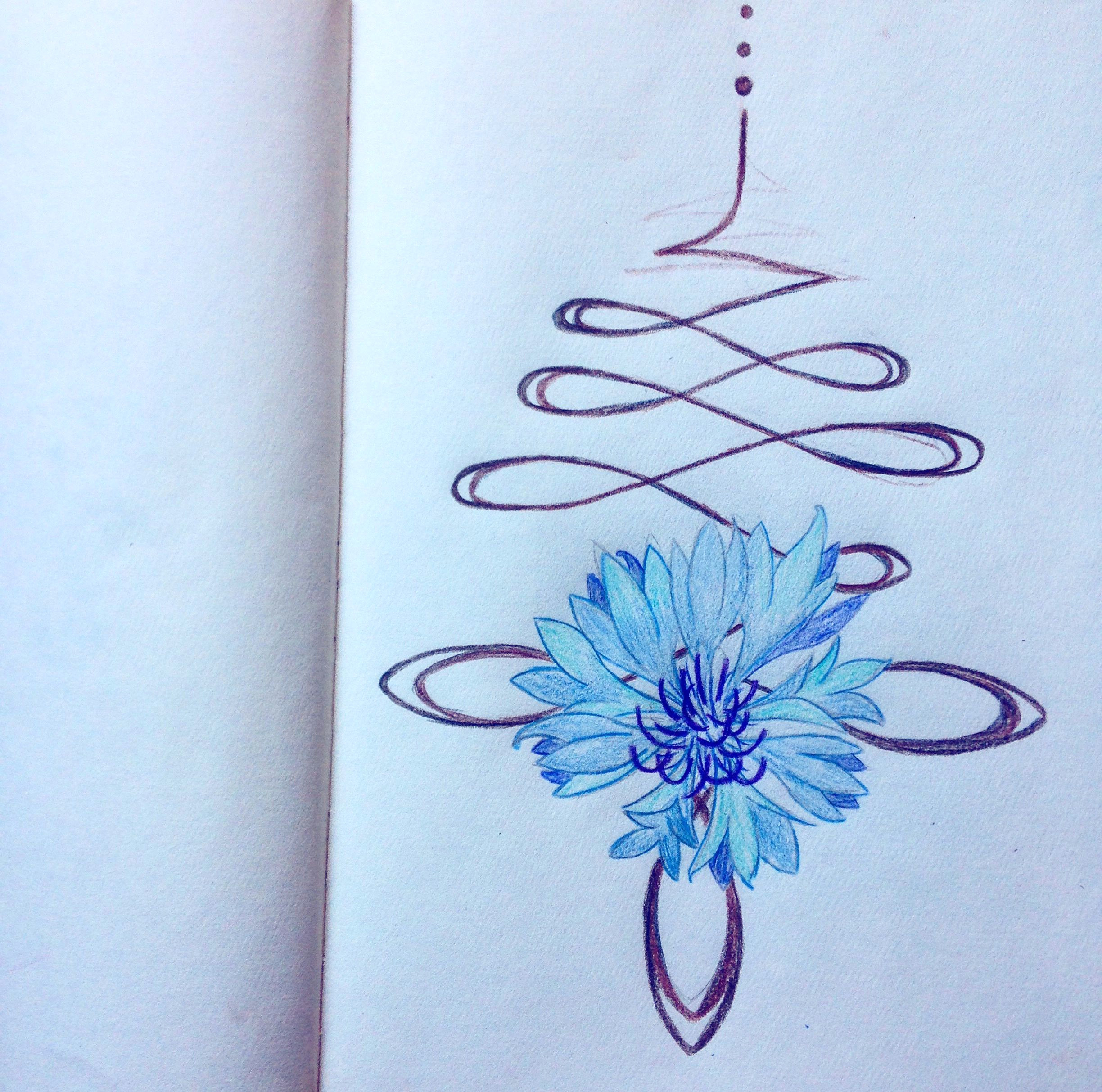 cornflower and unalome combination tattoo just the first draft