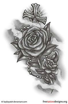 rose rosary and cross tattoo design