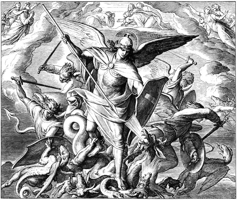 michael and angels fighting dragon