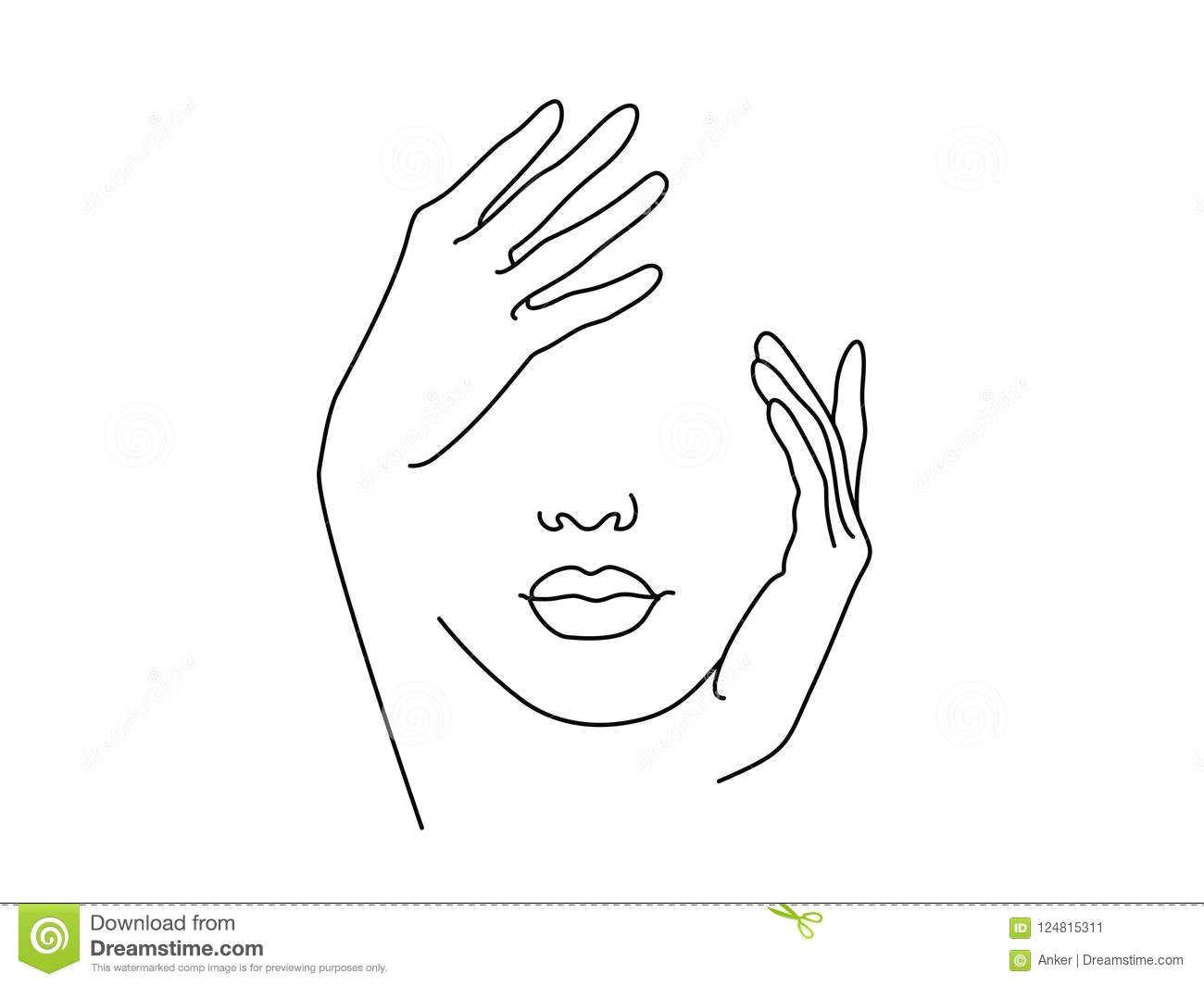 line drawing art woman face with hand