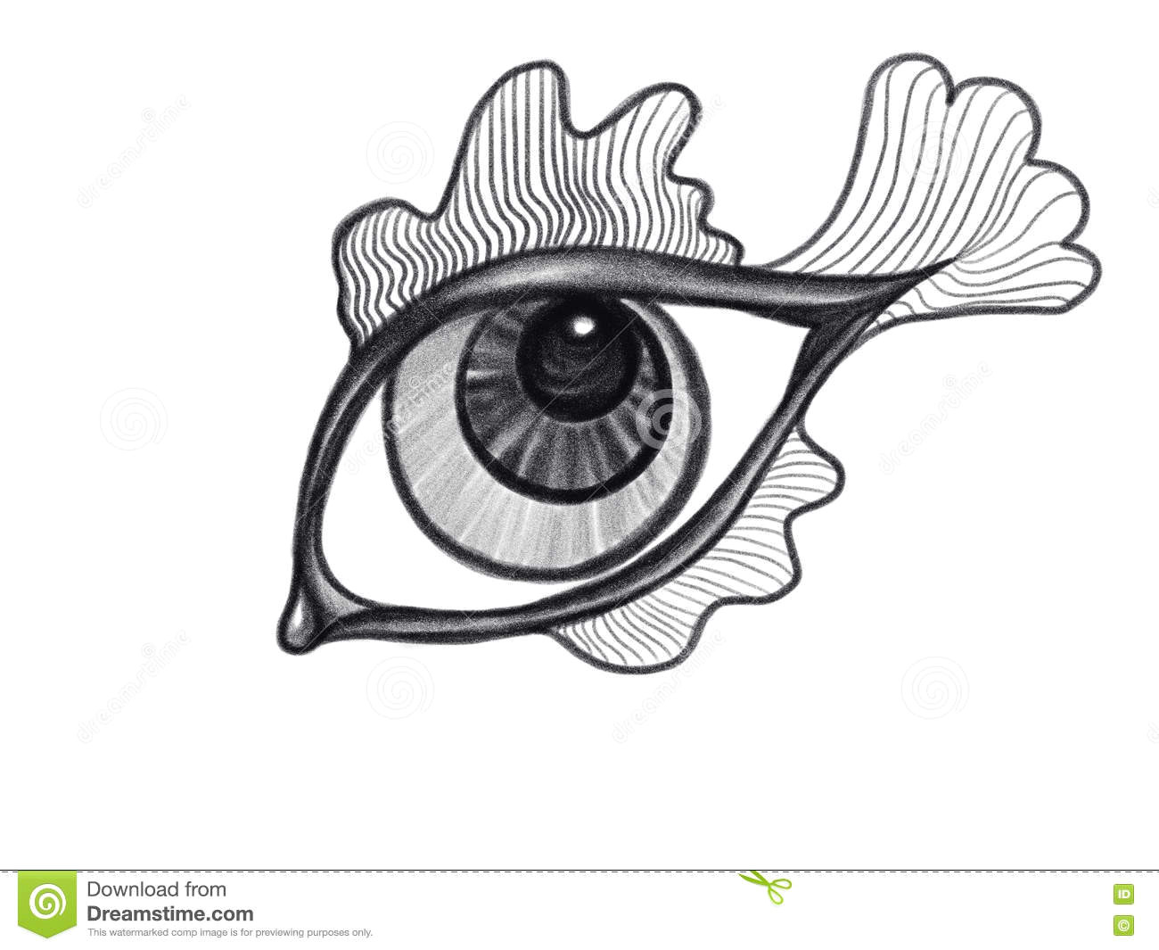 isolated black and white eye as a fish drawn by pencil