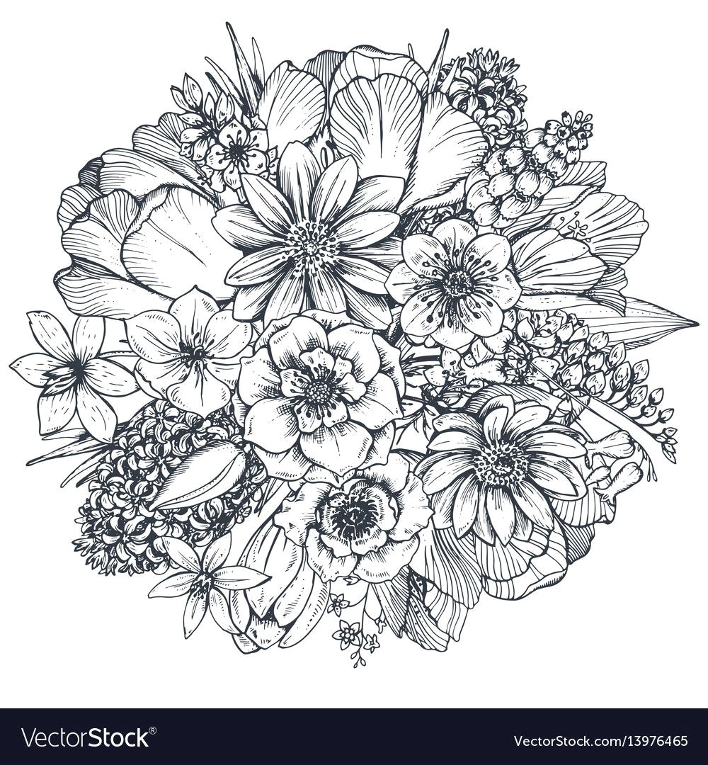 floral composition bouquet with hand drawn spring flowers and plants monochrome vector illustration in
