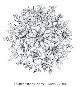 floral composition bouquet with hand drawn spring flowers and plants monochrome vector illustration in sketch style