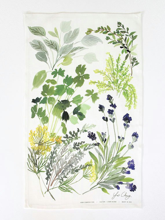 herb composition watercolor tea towel