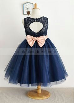 navy blue lace tulle keyhole back knee length flower girl dress
