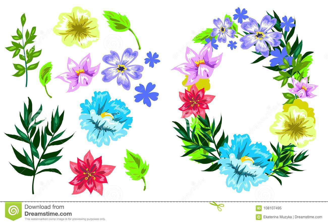 vector hand drawn sketch style flower set flower frame or wreath and flower head stem leaf blossoming plant parts isolated on white background