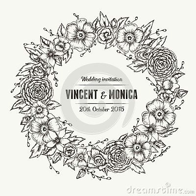 vector vintage floral wedding invitation hand drawn flower wreath
