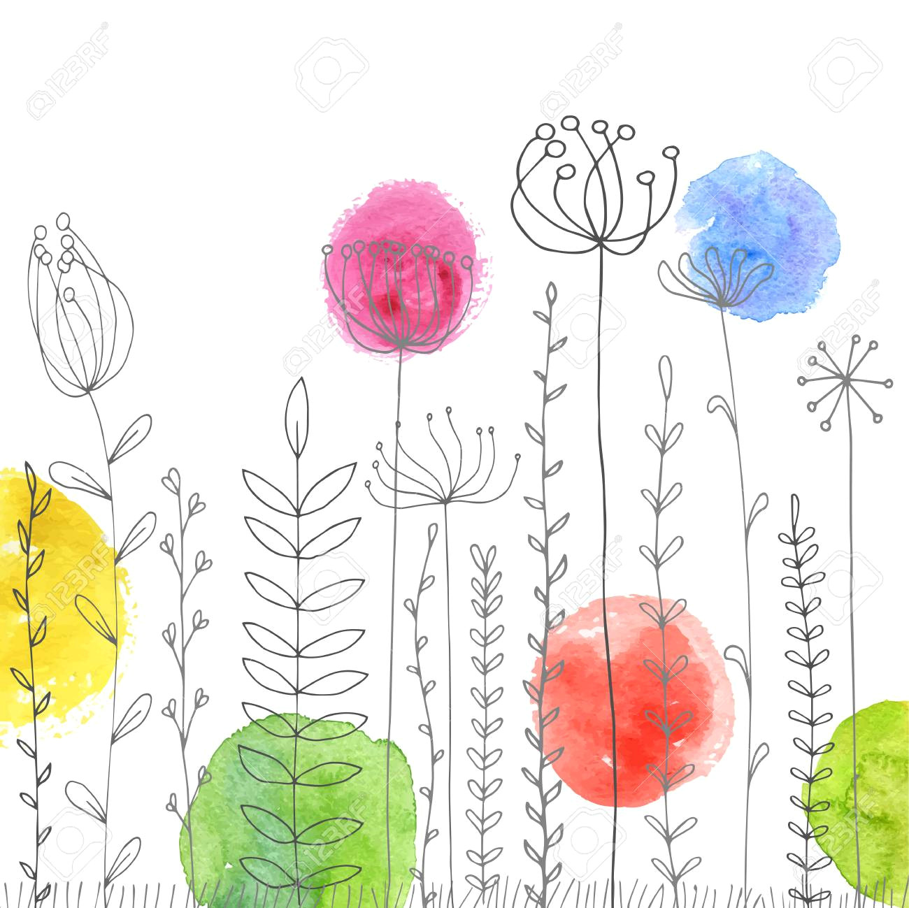 vector vector background with doodle abstract herbs and flowers and watercolor paint stains floral template