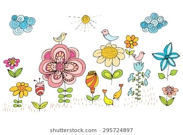 children drawing of flowers and birds colorful vector image with shining sun sky clouds and floral pattern