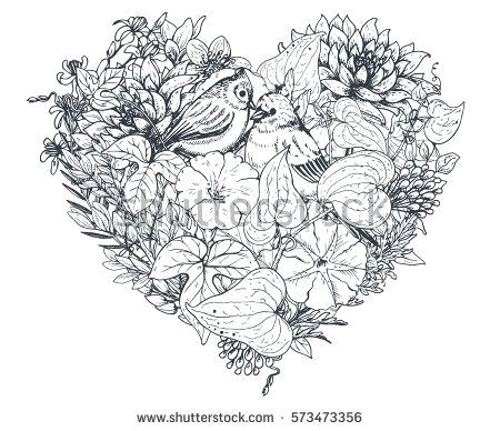 floral heart bouquet composition with hand drawn flowers plants and birds monochrome vector romantic love illustration in sketch style
