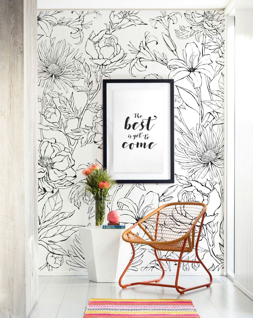 botanical garden hand drawn flowers mural wall art wallpaper peel and stick