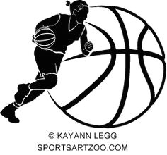 basketball silhouette of a female player with braided hair dribbling by a stylized ball by sportsartzoo