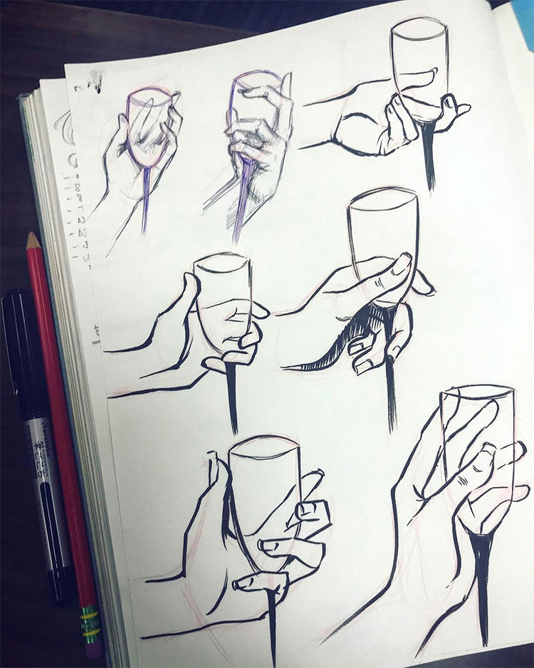 drawing hands holding wine glasses