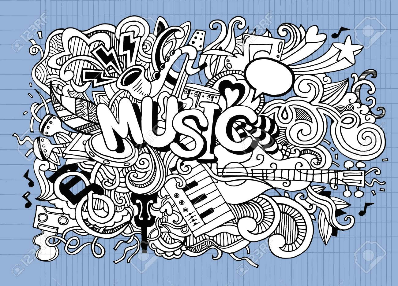 abstract music background collage with musical instruments hand drawing doodle vector illustration