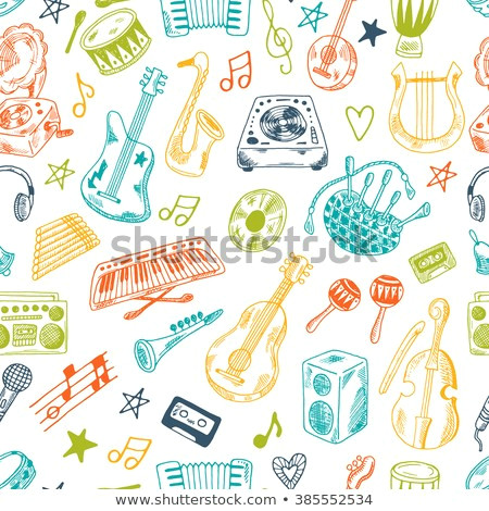 hand drawn musical instruments collection seamless pattern synthesizer bass guitar domra gramophone