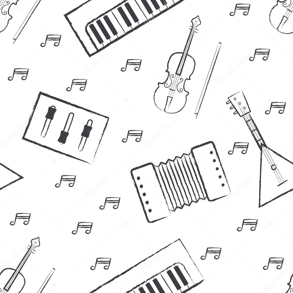 seamless pattern dark grey childrens crayon drawings on white background hand drawn style seamless vector wallpaper with the image of musical instruments