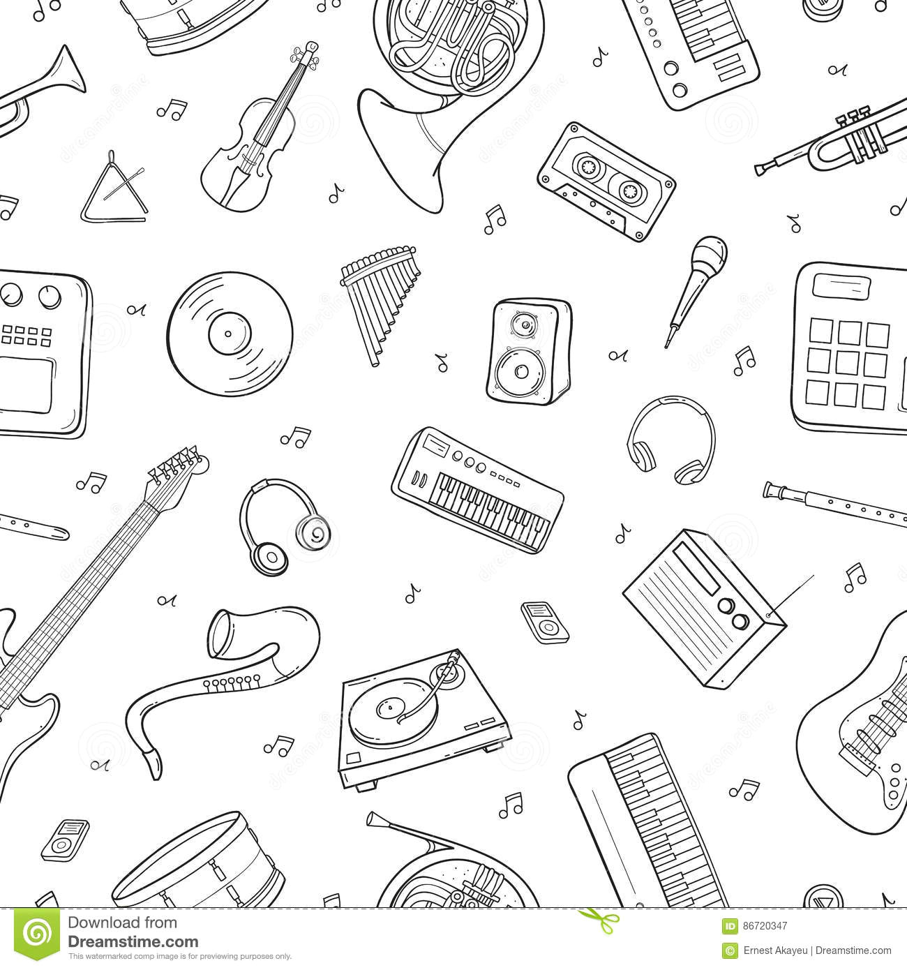 seamless pattern with various musical instruments symbols objects and elements