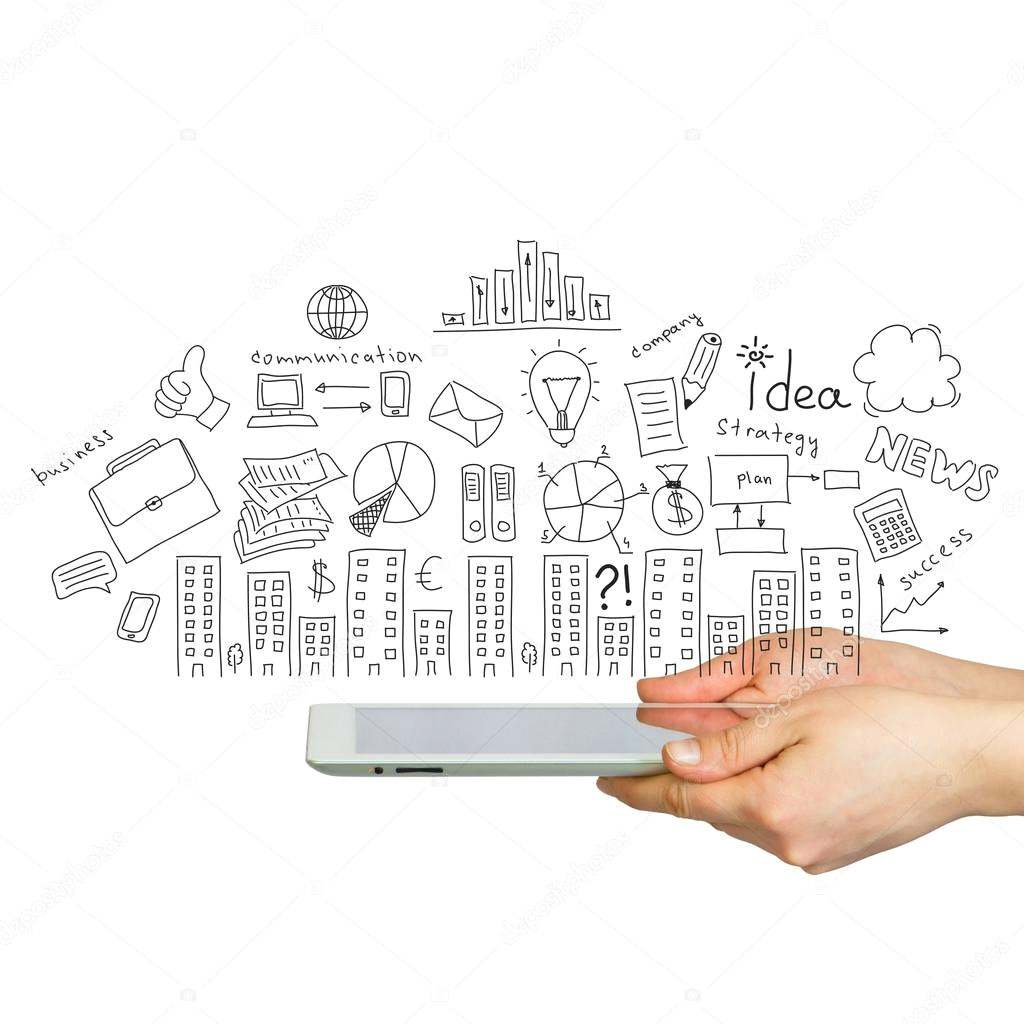 tablet in hands and business sketches stock photo