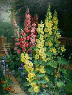 claudia bret charbonnier hollyhocks late 19th early 20th century garden painting garden art