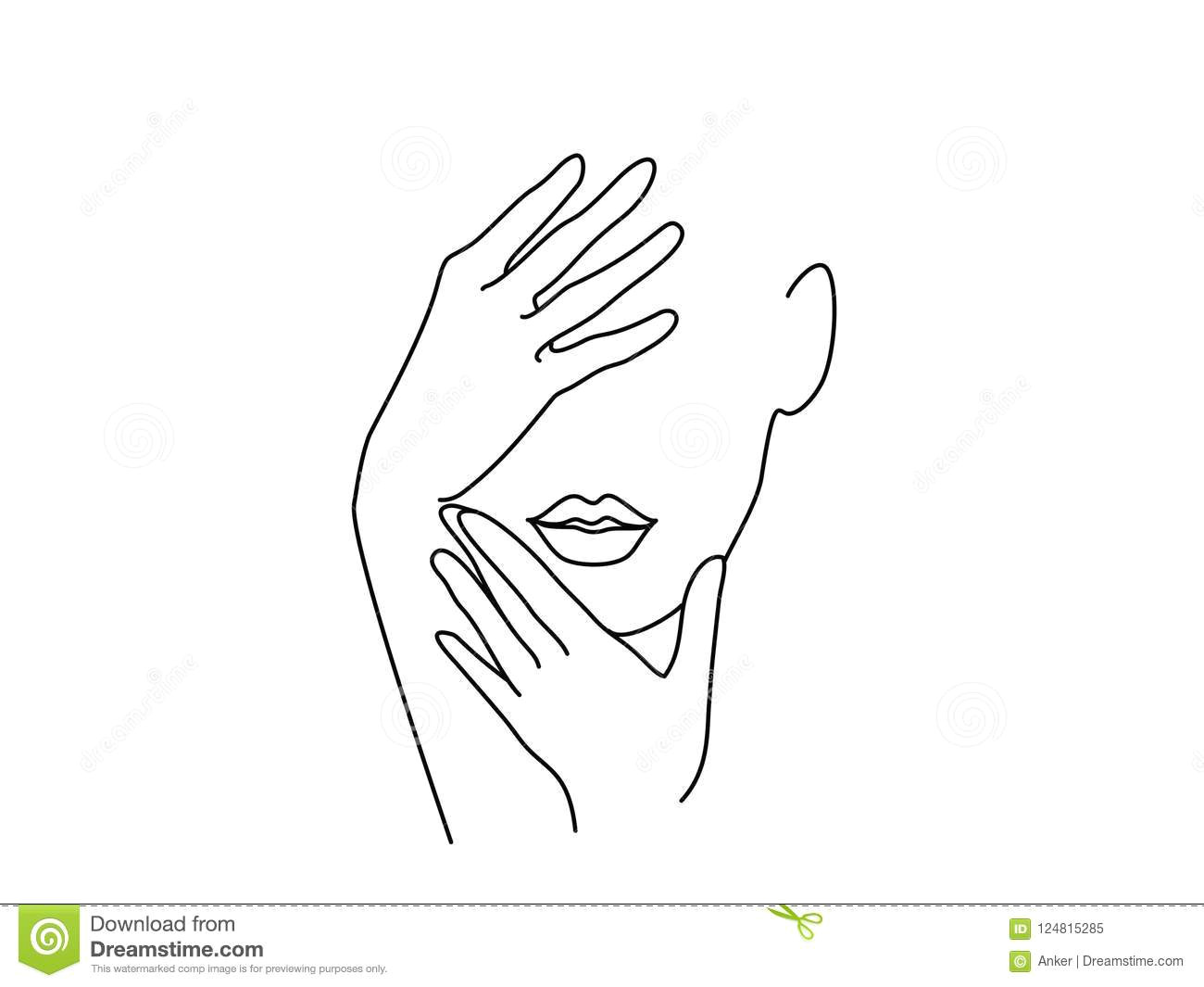 Drawings Of Ladies Hands Line Drawing Art Woman Face with Hands Stock Vector Illustration