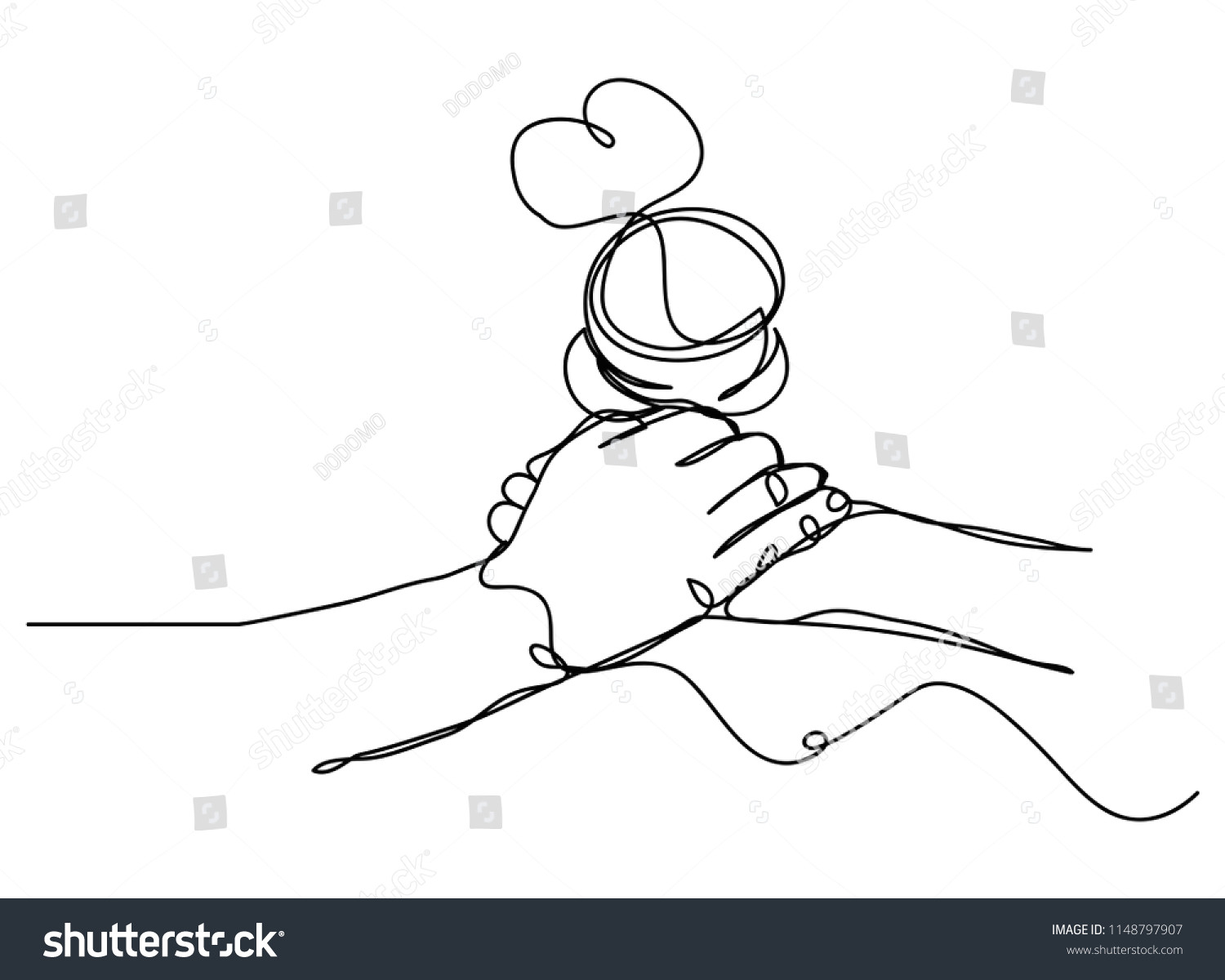 continuous line drawing of men and women hand in hand with love and coffee mug in