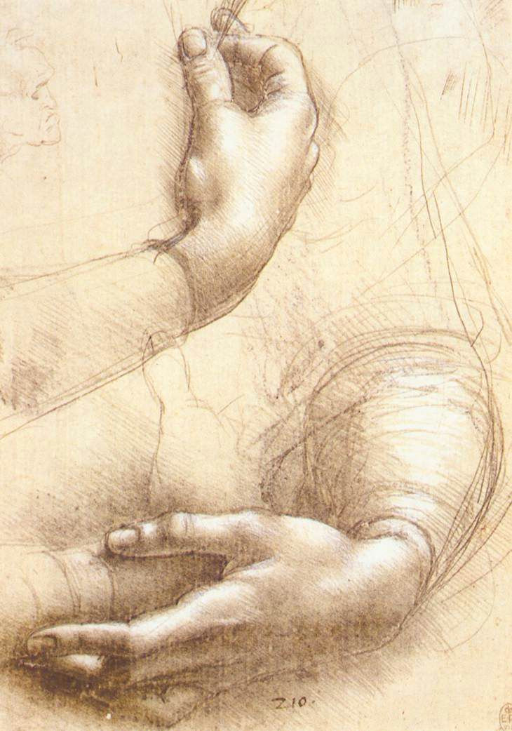 leonardo da vinci study of hands 1474 silverpoint and white highlights on pink prepared paper 8 43 x 5 91 in royal library windsor uk