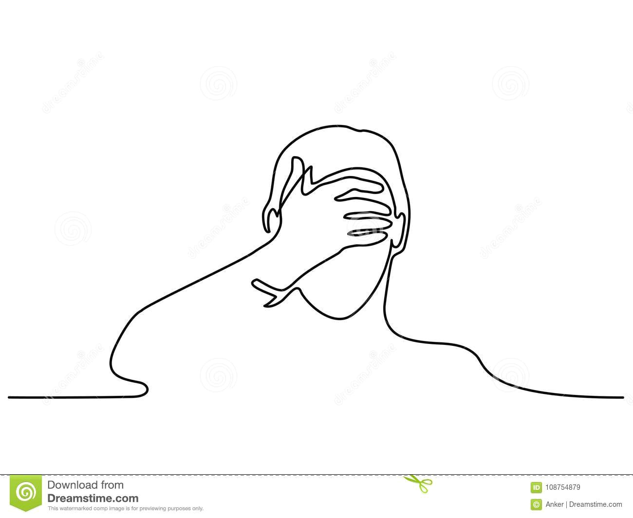 continuous line drawing man covering his eyes with hand vector illustration