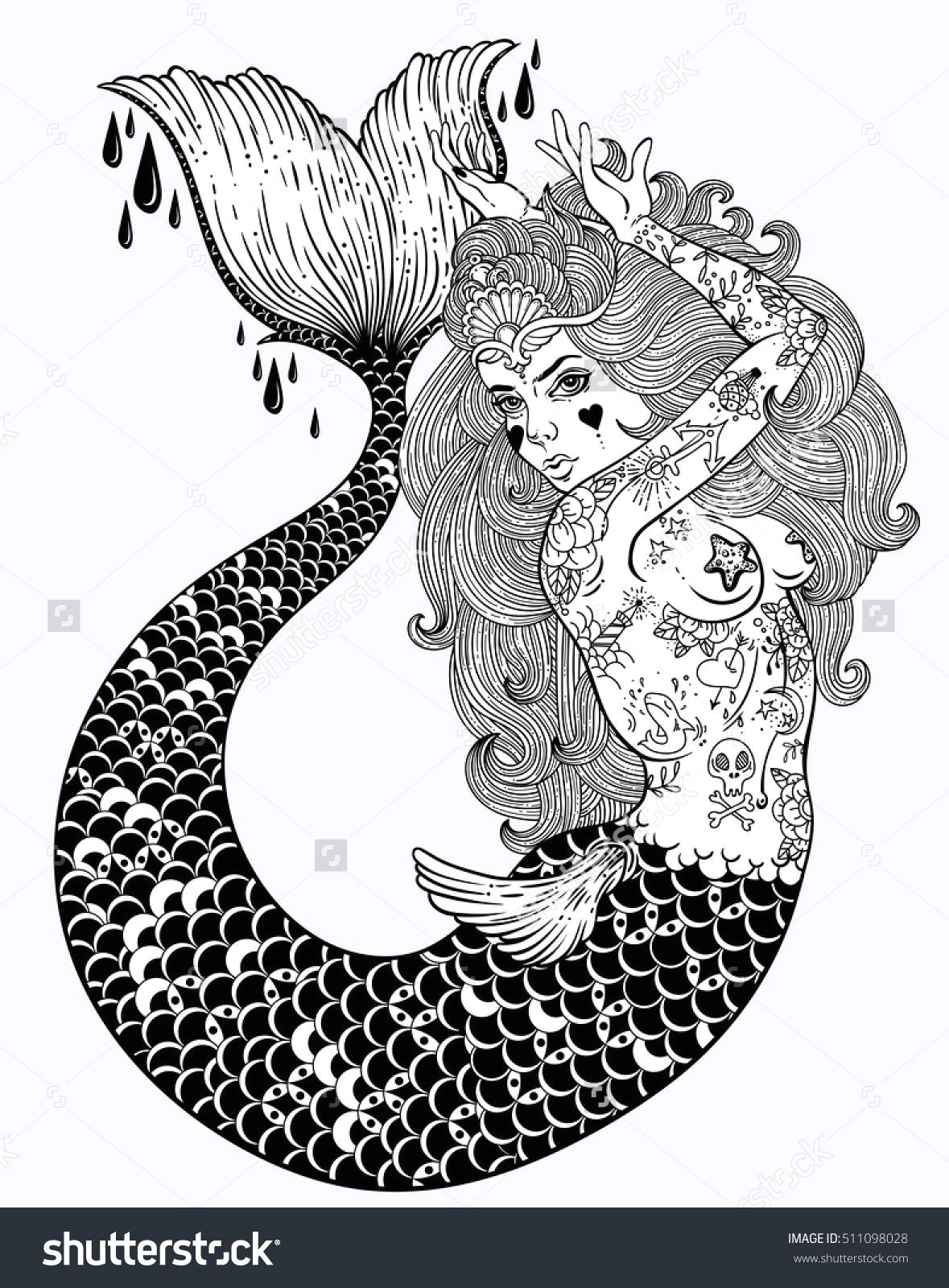 outstanding hand draw work of a tattoed body mermaid in new old school style template for invitation scrap booking print for t shirt tattoo art