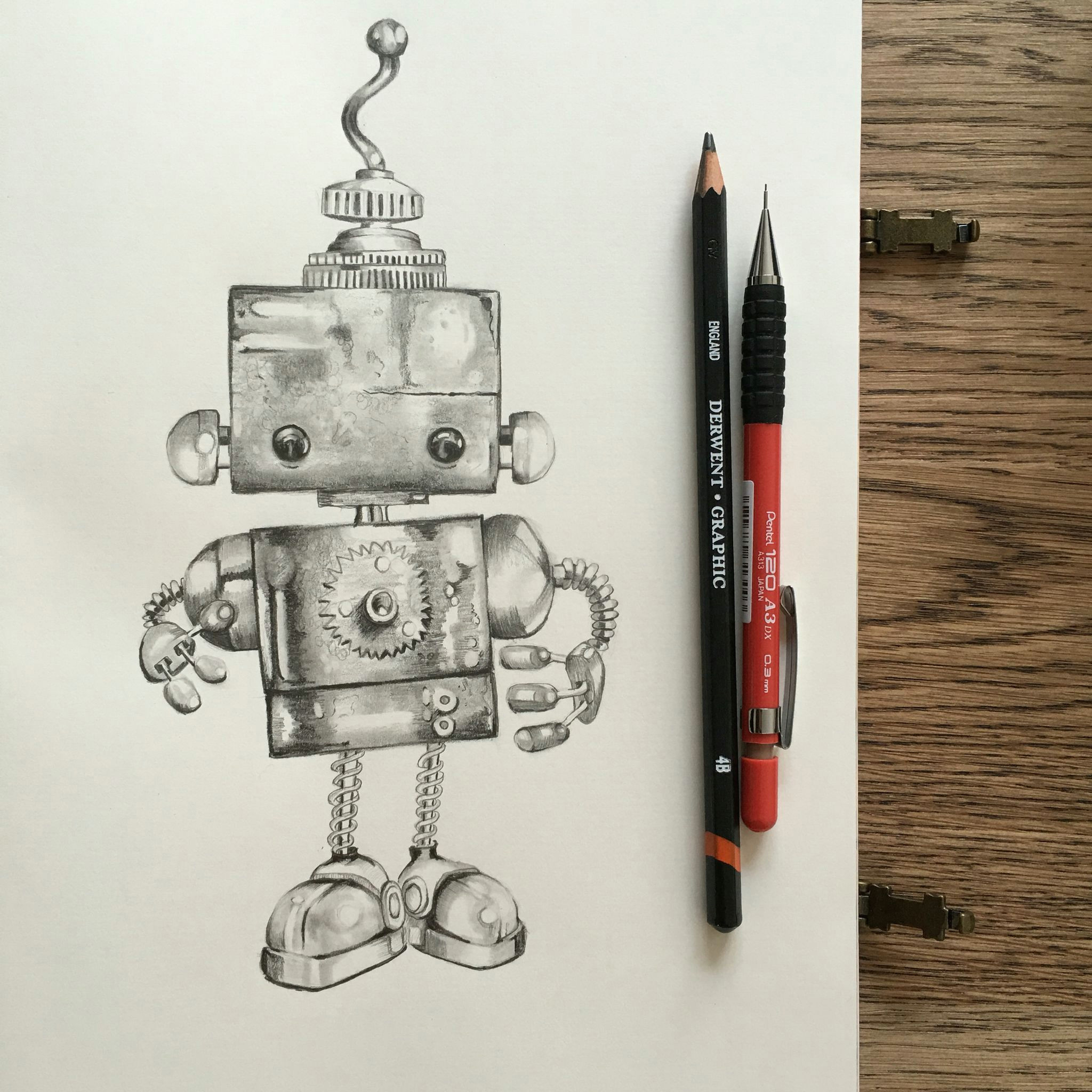 cute robot graphite pencil drawing grafiettekeningen krabbel kunst tekeningen potloodtekeningen robot illustratie