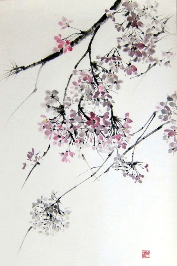 cherry blossom 4 original japanese ink painting large painting on rice paper 18x28 inch black and pink sumi e suibokuga on etsy r 222 95