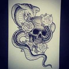king cobra skull with roses tattoo sketch draw