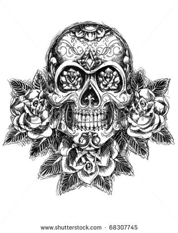 skull and roses sketch vector