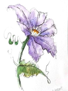 purple clematis flower original watercolor art painting pen and ink watercolor hand painted flower