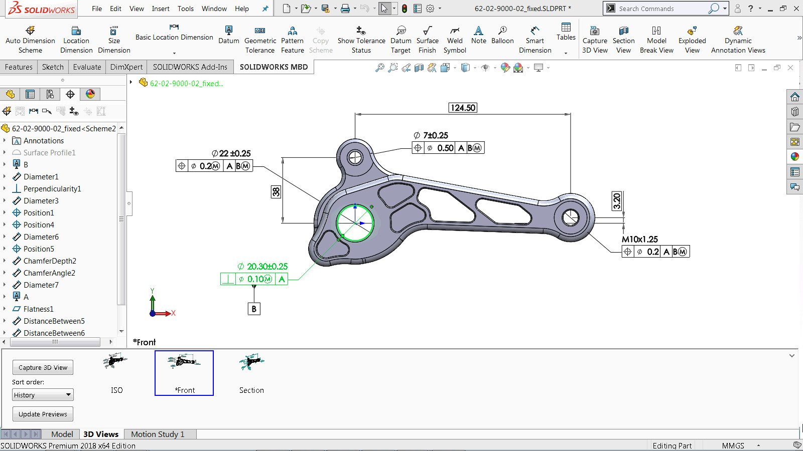a 3d model view is captured in solidworks mbd from the front perspective